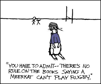 Two men in a field argue about if a meerkat is allowed to play rugby.
Meanwhile, a meerkat in full rugby uniform waits patiently for a&nbsp;ruling.
