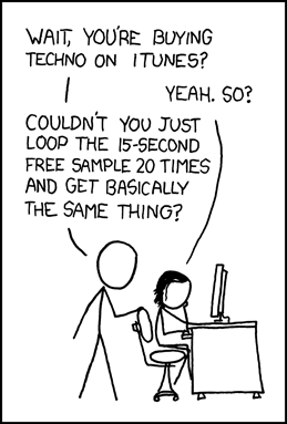 In this strip, a female is at a computer purchasing techno music on Apple&rsquo;s iTunes Music Store. The male glances over her shoulder and questions her purchase. The female is clearly exasperated by the male&rsquo;s question, as witnessed by her short response and body language of a slouched posture while looking away from him with her head resting in her palm. She seems to know what&rsquo;s coming.
The male then proceeds to ask the female if she couldn&rsquo;t just make a copy of the 15-second free sample and loop it, since that would basically be the same thing as purchasing the entire song. Obviously, the male doesn&rsquo;t listen to, let alone enjoy, techno music. This is a common criticism from people regarding music they consider to be inferior to what they listen to - everything sounds the same. To a person unfamiliar with the nuance of the music, this could be especially easy to say about techno since it is often repetitive and droning by design. This entire scenario would never have happened if she was purchasing music he considered to be &ldquo;real,&rdquo; such as They Might Be Giants or&nbsp;Jonathan Coulton.
Please note that, once again, the female is the dominant figure, simply enduring the annoying tendencies of the males the author chooses to portray.